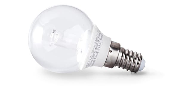 A closeup of an LED lightbulb, which uses 85% less energy than traditional incandescent bulbs.