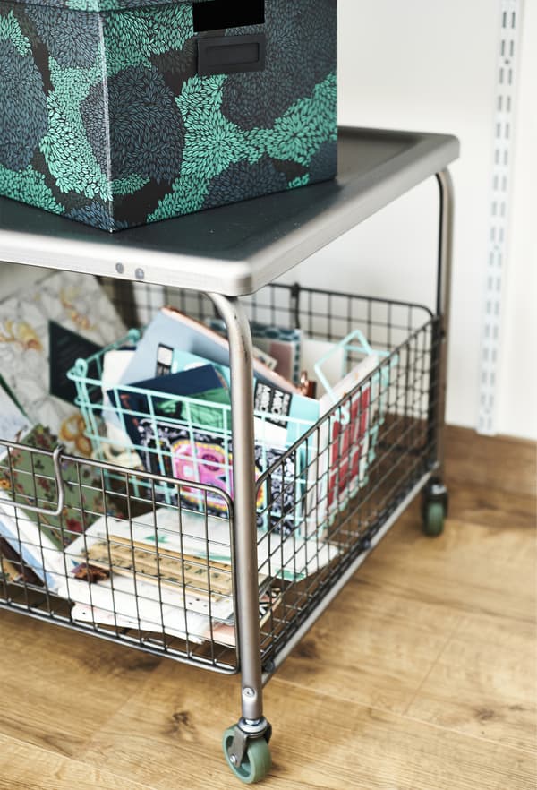 A coffee table with storage basket.