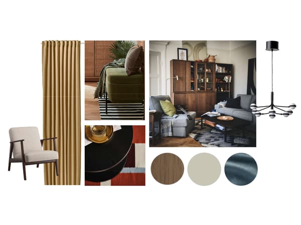 A collage of a mood board of various products including a yellow curtain, beige armchair, lighting, colour dots etc..