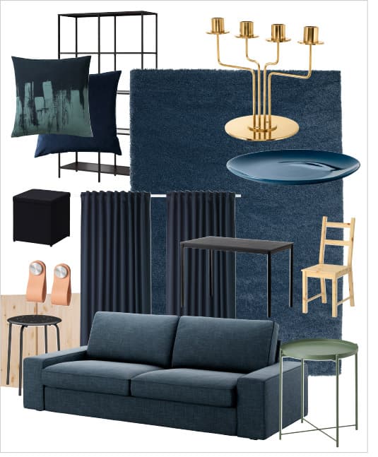 A collage of all elements needed to recreate this living room.