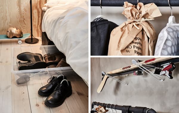 A collage of different ways to store winter gear.