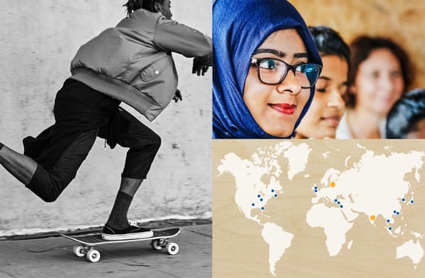A collage of images showing a man on a skateboard, 3 co-workers and a world map to show who we partnered with in 2018.