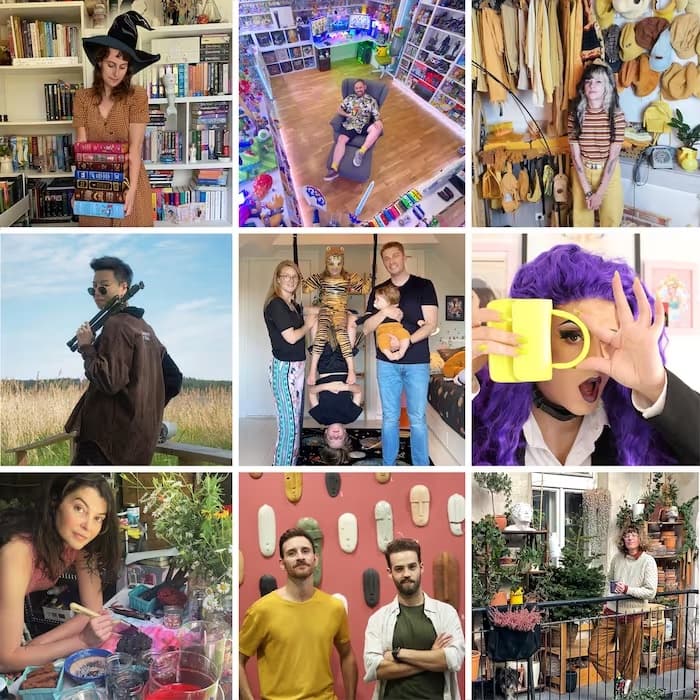 A collage of nine photos shows different people in various environments, including a library, a bookstore, a market with dried goods, an outdoor location, a group portrait, a creative activity, a wall decorated with skateboards, and a plant shop, with all faces pixelated.
