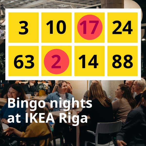 A collage of pink bingo number cards and people playing bingo around a table, with text reading ‘Bingo nights at the IKEA store’ in Latvian.