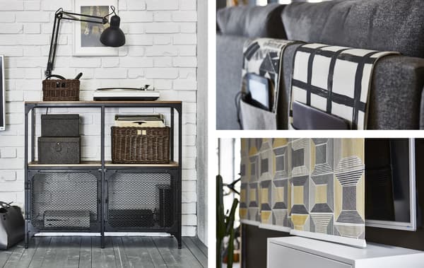 A collage of three images of entertainment storage solutions in an industrial-style living room with white brick walls.