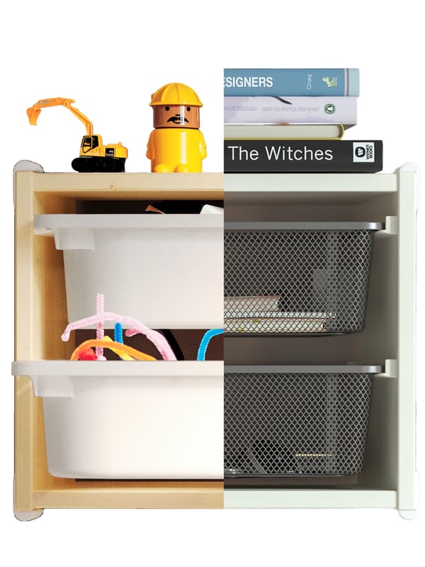 A collage of TROFAST storage boxes in TROFAST frames.