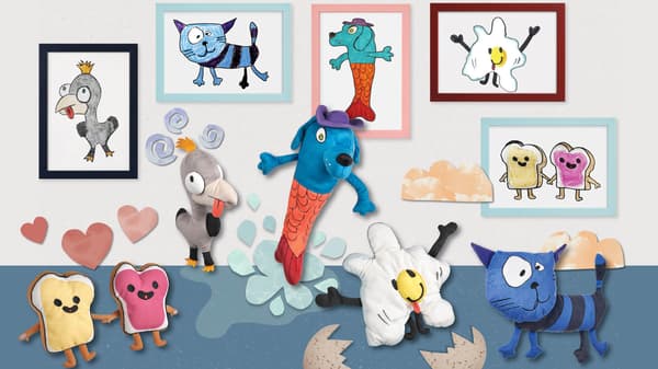 A collection of SAGOSKATT soft toys including PB&J on bread, a bird with a crown, a dog mermaid, a fried egg, and a blue cat.