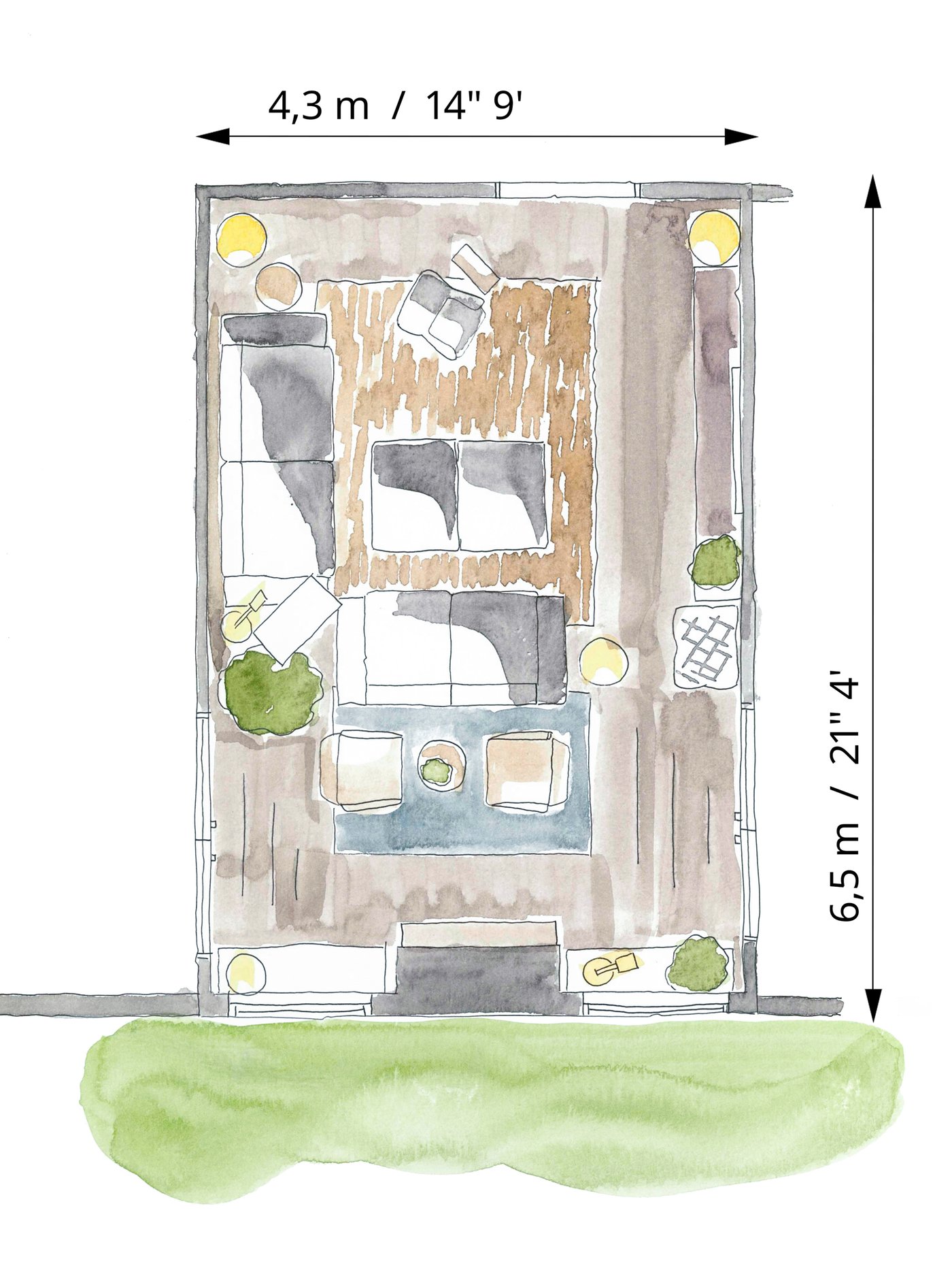 A color floorplan sketch of furniture and storage placement for a large family living room.