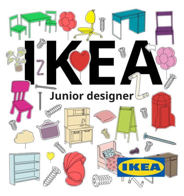 a colorful collection of IKEA furniture and parts with the text 