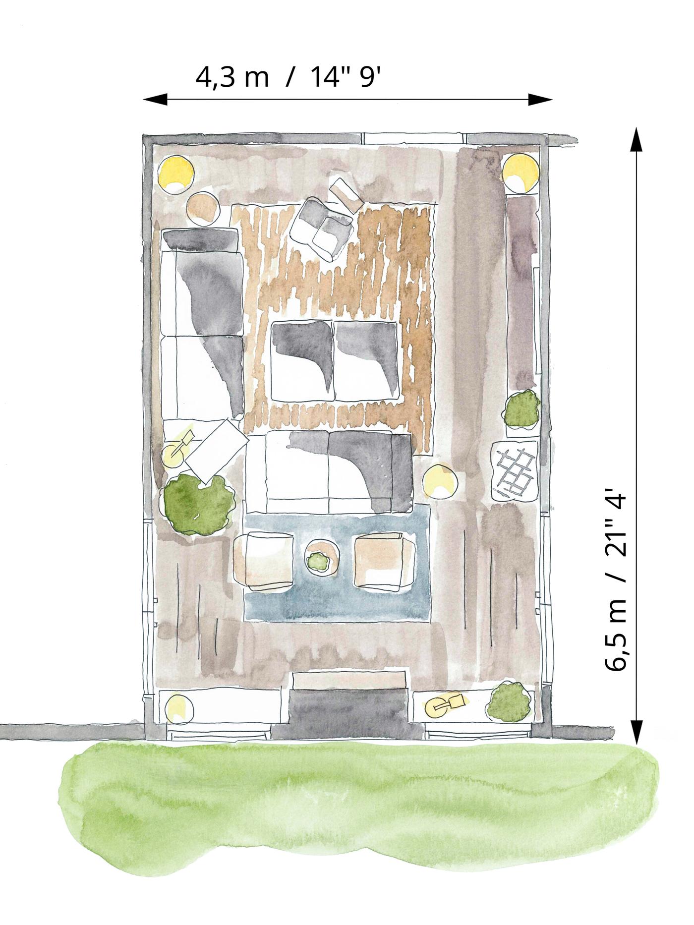 A colour floorplan sketch of furniture and storage placement for a large family living room.