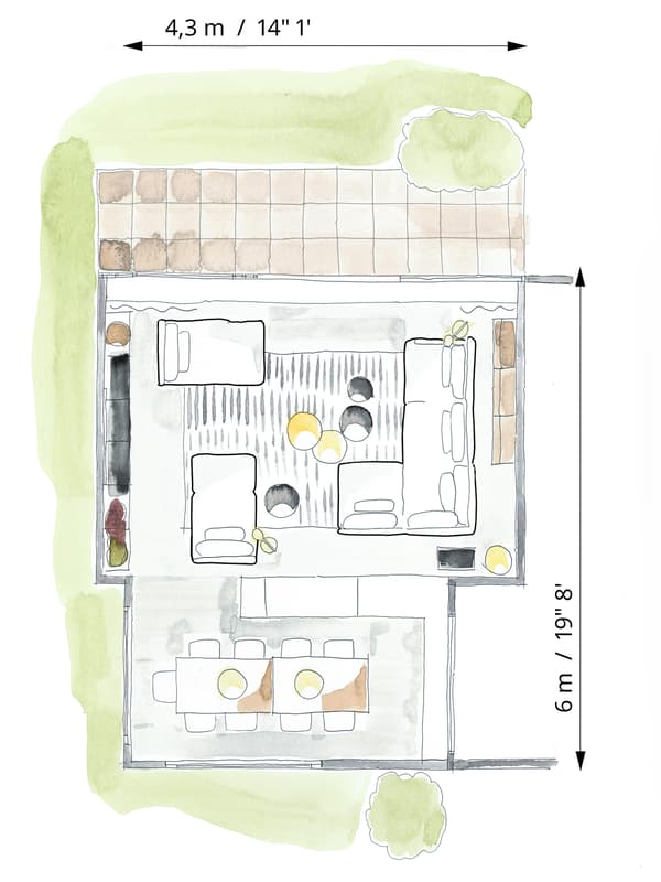 A colourful floor plan showing furniture arrangement in a room.