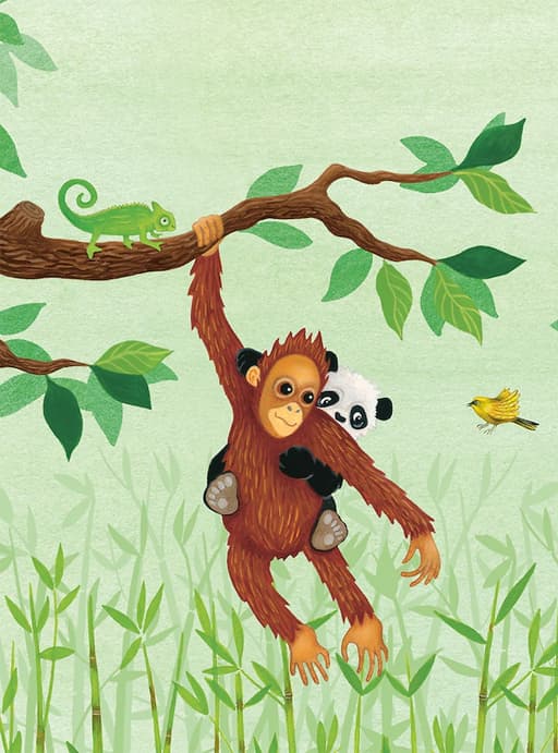 A colourful illustration of an orangutan and panda in the jungle.