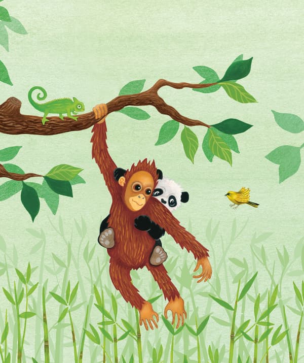 A colourful illustration of an orangutan and panda in the jungle.