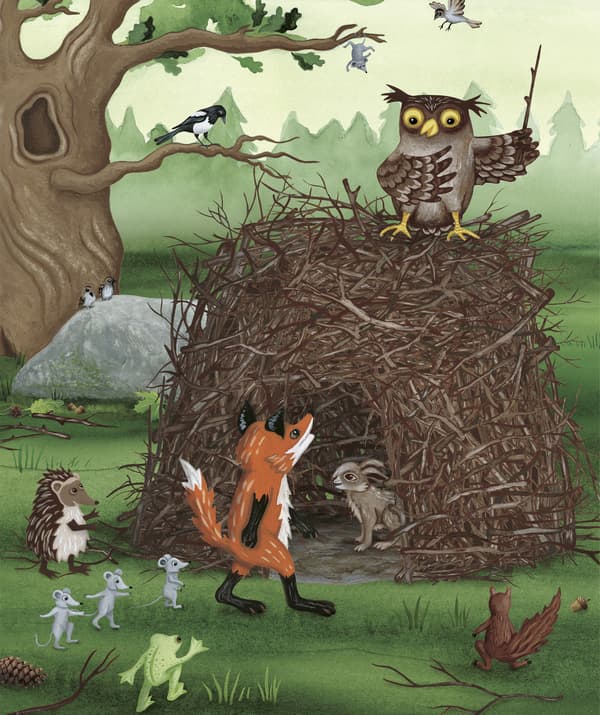 A colourful illustration of animals in a forest.