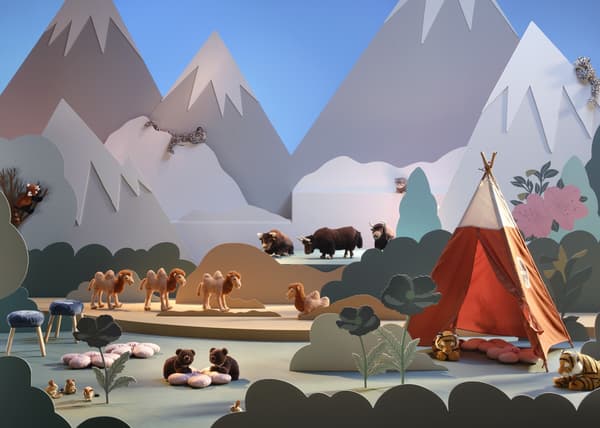 A colourful mountain landscape with snowy peaks, a lake and a red tent, featuring ALPTALL animals including a tiger, camels, yaks, red pandas and snow leopards.