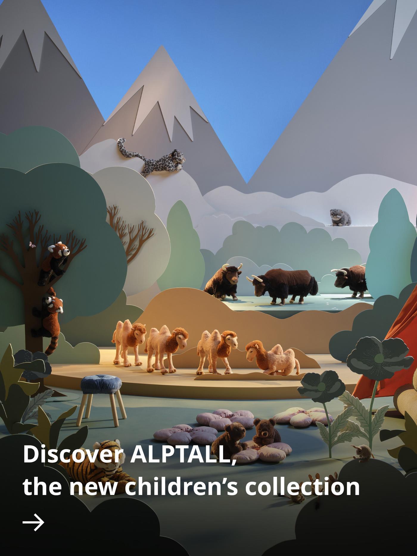 A colourful mountain landscape with snowy peaks, a lake and a red tent, featuring ALPTALL animals including a tiger, camels, yaks, red pandas and snow leopards.