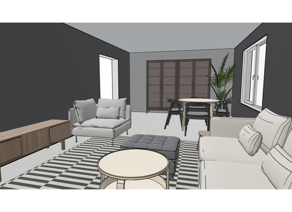 A computer-animated 3D view of a living room.