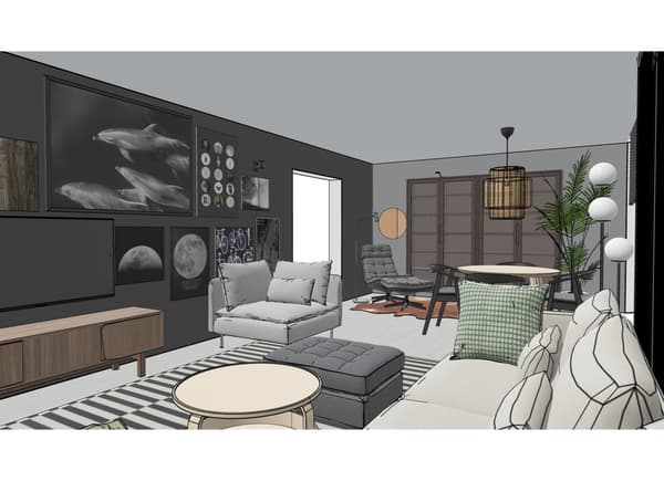 A computer-animated image of the dimensions of the living room.