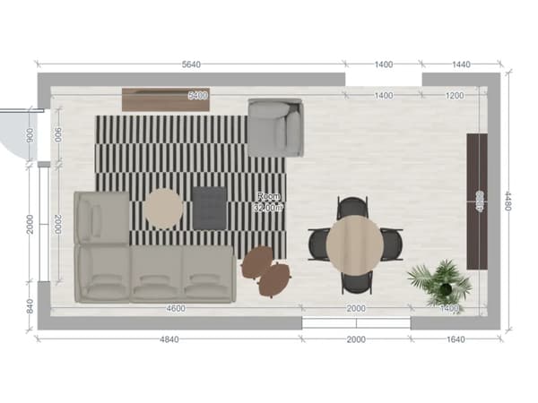 A computer-animated overhead view of a living room.