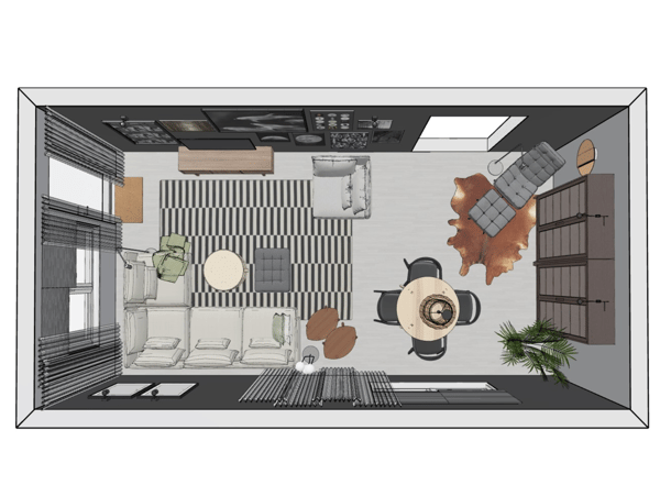 A computer-animated overhead view of the dimensions of the living room.