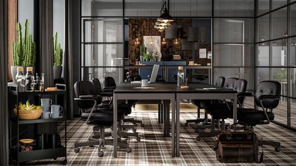 A conference room with dark furniture, glass walls, brown checkered floor, leather seats and cacti by the window.