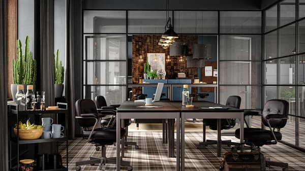 A conference room with dark furniture, glass walls, brown checkered floor, leather seats and cacti by the window.