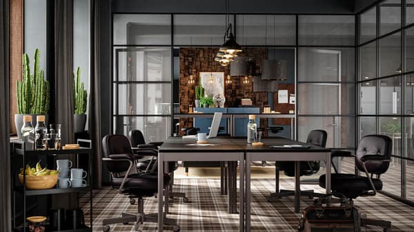A conference room with dark furniture, glass walls, brown checkered floor, leather seats and cacti by the window.