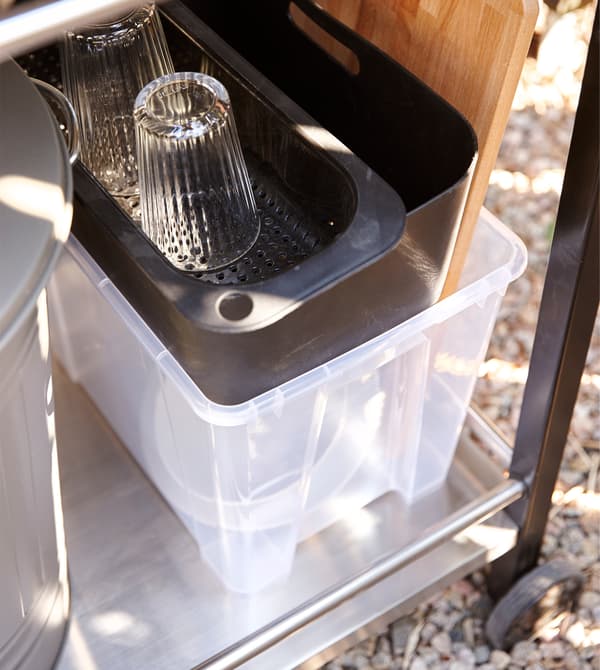 A container makes a home for storing need to wash items.