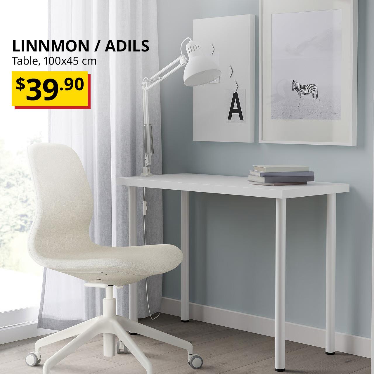 A corner of the study room setting with a white LINNMON table top with four white ADILS leg. On the top left corner, a black text overlay image that reads, "LINNMON / ADILS, Table, 100x45 cm", followed by a yellow/red tag with black text that states, "$3".