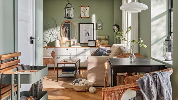 A country chic space with light green walls, a mix of white, pine wood, and wicker furniture, and quirky décor.