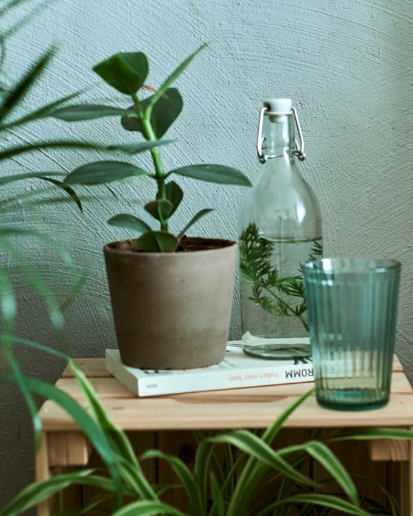 A crate used as a bedside table with a plant in a brown pot, herb-infused water in a glass bottle and a green glass tumbler.