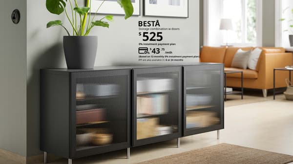 A dark grey BESTA storage combination priced at $525 but now can be payed in $43.75 installments over a period of 12 months