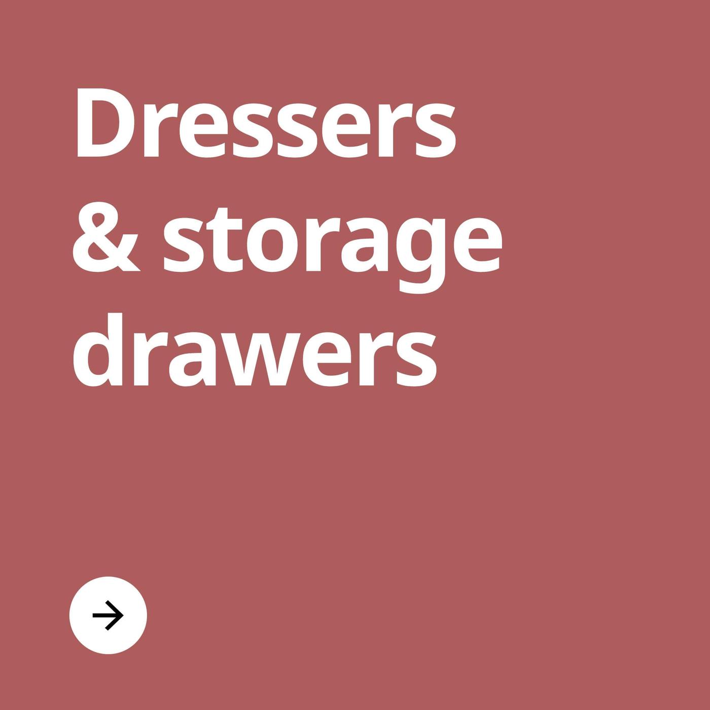 A dark pink colored block with the text 'Dressers & storage drawers' on it.
