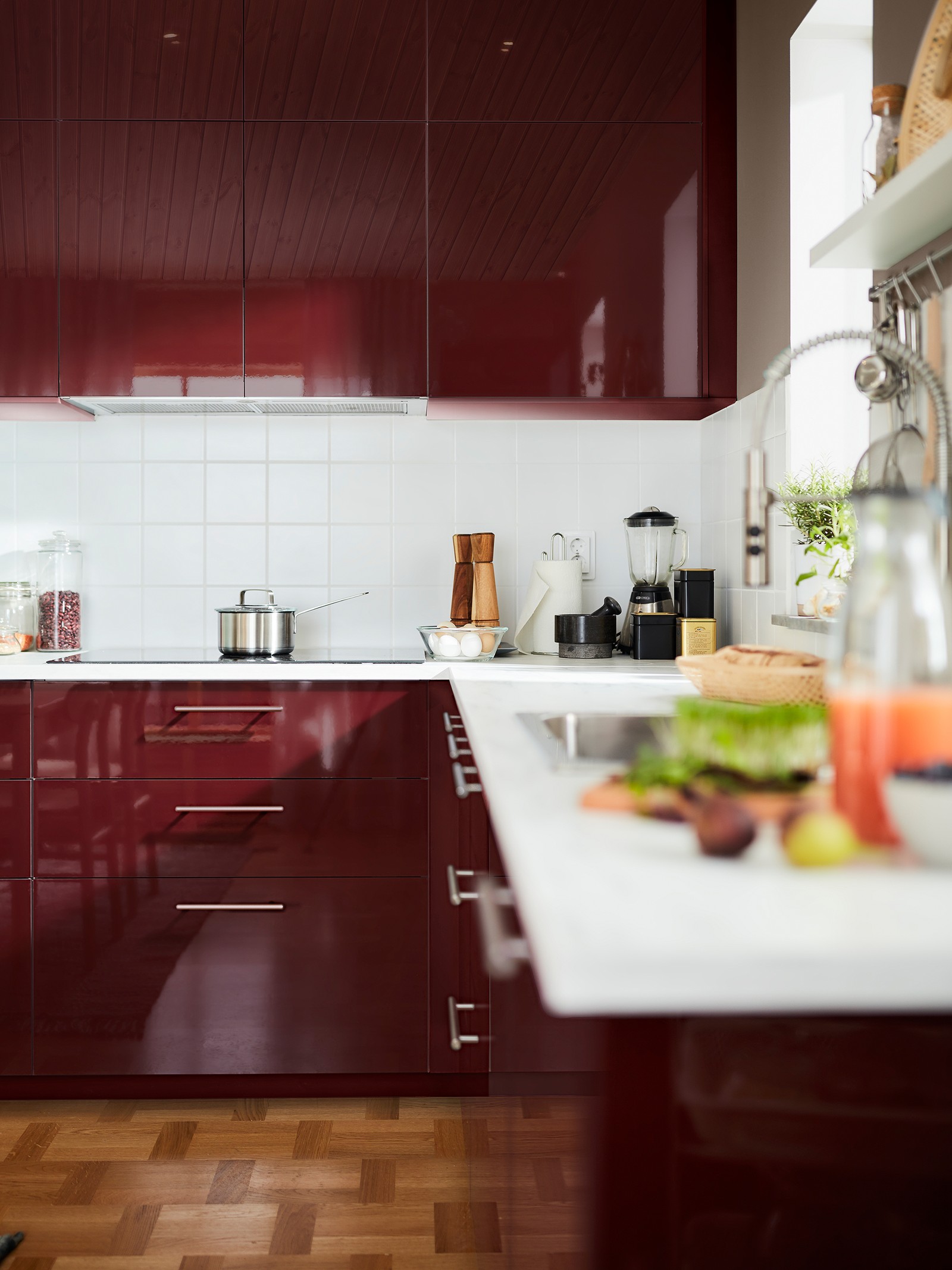 Bold and glossy KALLARP dark red-brown kitchen - IKEA