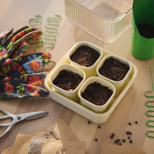 A decorative DOFTRIPS growing set with soil-filled compartments and seeds, prepared for planting on a tabletop.