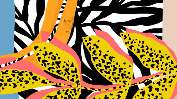A detail of the bold, multicolour pattern of juxtaposed leaves on an ÖMSESIDIG cushion cover designed by Trini Guzmán.