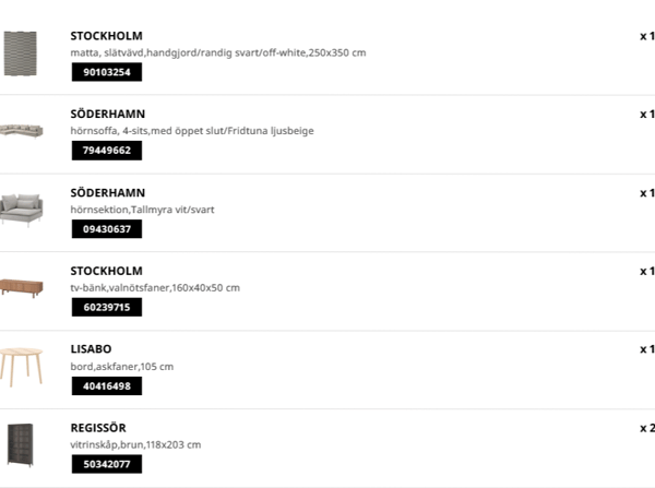 A digital product list from IKEA, example image.