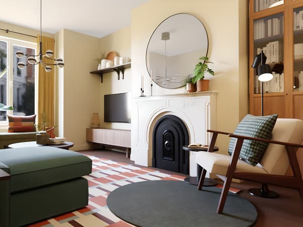 A digitally created image of a living room with a white fireplace, yellow walls, a blue sofa, a patterned rug with a brown round coffee table