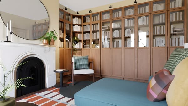 A digitally created image of a living room with a white fireplace, yellow walls, a blue sofa, a patterned rug with a brown round coffee table and bookshelves in the back