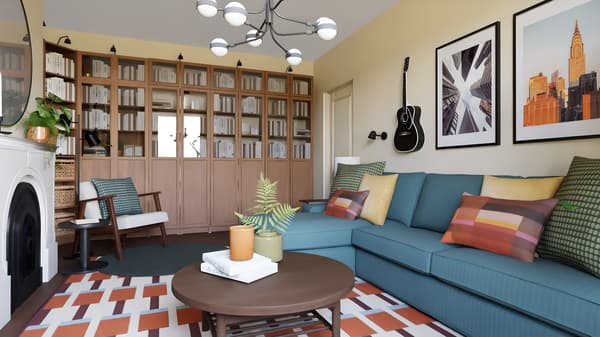 A digitally created image of a living room with yellow walls, a blue sofa, patterned rug with a brown round coffee table and bookshelves in the back