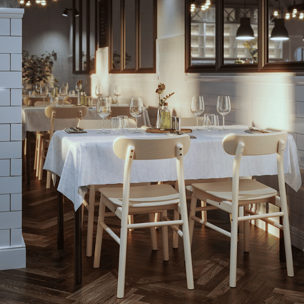 A dining table with white dining chairs
