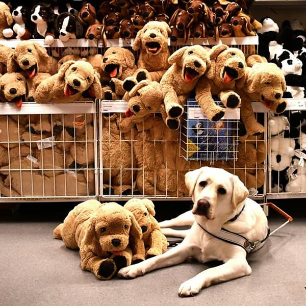 A dog laying next to a soft toy
