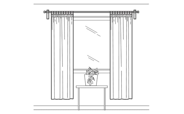 A drawing of a window adorned with short curtains.