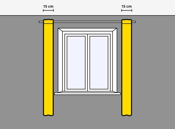 A drawing of a window frame with standard curtains.