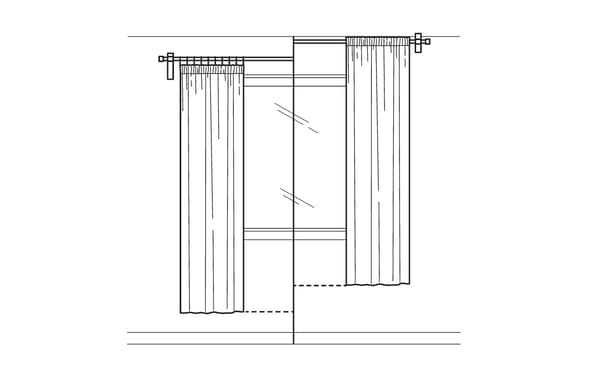 A drawing of a window showing two different options for curtain rods placement.
