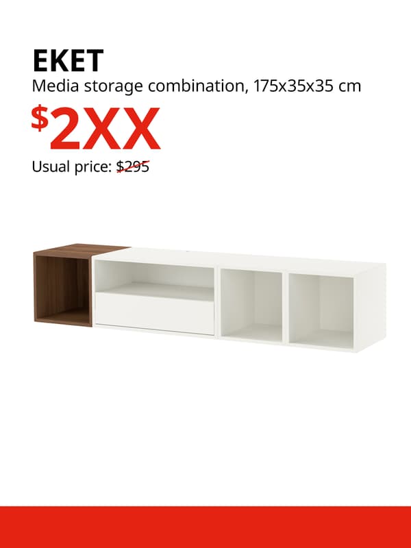 A EKET media storage in white and brown-walnut effect product display on a white background with black text that reads "EKET, Media storage combination, 175x35x35 cm, Usual price: $295", price in red text that reads "$2XX".