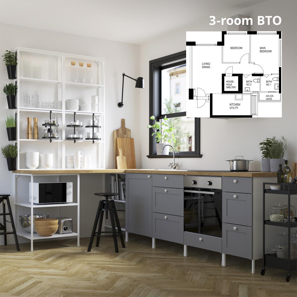 A ENHET kitchen with white frame, grey door front and a oak effect SÄLJAN worktop in a kitchen setting. A 3-room BTO floor plan is featured on the top-right corner.