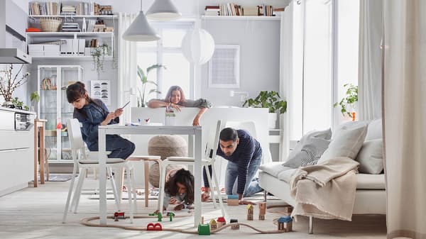 A family in a room with furnishings. Text: IKEA U.S. Annual Summary Fiscal Year 2020. September 1, 2019 - August 31, 2020