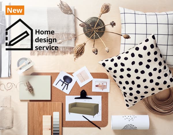 A flatlay image of a mood board curated with IKEA products. In the top left corner, a 'New' tag in white text on an orange banner is seen, followed by black text that reads "Home design service" and its logo.  