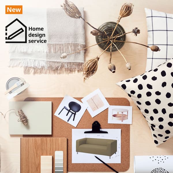 A flatlay image of a mood board curated with IKEA products. In the top left corner, a 'New' tag in white text on an orange banner is seen, followed by black text that reads "Home design service" and its logo.  
